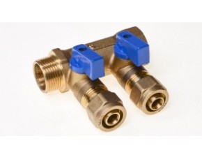 Коллектор с шар.кран. (с цангами) 2 вых. 1"х 16ц (кр.+син.ручки) - фото - 1