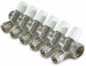 Коллектор регул.под 45* ,6 вых 1"г/ш х 16ц с цангами (красн.+син. краны) - фото - 1