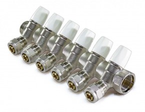 Коллектор регул.под 45* ,6 вых 3/4"г/ш х 16ц с цангами (красн.+син. краны) - фото - 1