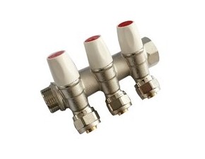 Коллектор регул.под 45* ,5 вых 3/4"г/ш х 16ц с цангами (красн.+син. краны) - фото - 1